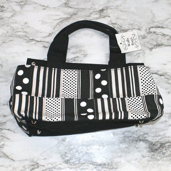 TIANNL BAG Wally Bag Tote Satchel Purse Black White Stripe Polka Dot Patchwork - Picture 1 of 15